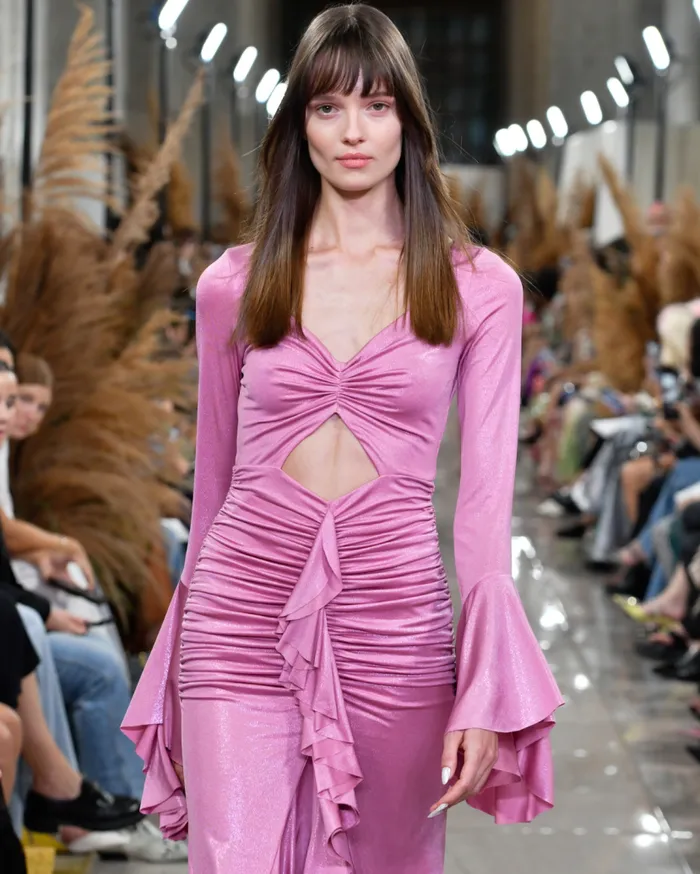 Ready To Wear Metallic Jersey Ruched Maxi Dress PatBO Dresses and Jumpsuits