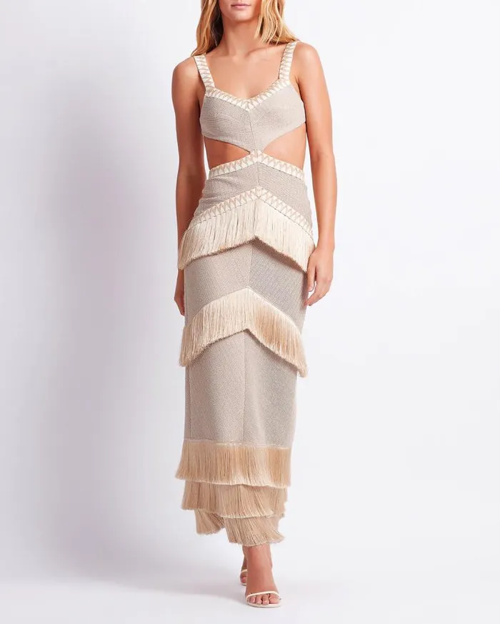 Ready To Wear Metallic Knit Maxi Dress With Fringe Trim PatBO Dresses and Jumpsuits Ready To Wear Metallic Knit Maxi Dress With Fringe Trim PatBO Dresses and Jumpsuits