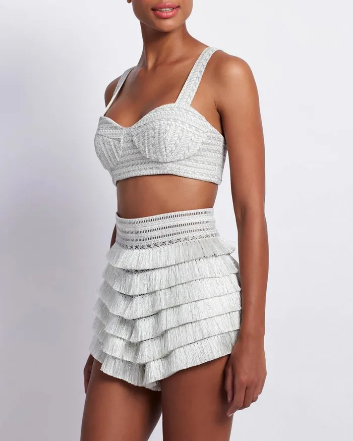 Ready To Wear METALLIC WOVEN CROPPED TOP PatBO Tops and Bodysuits