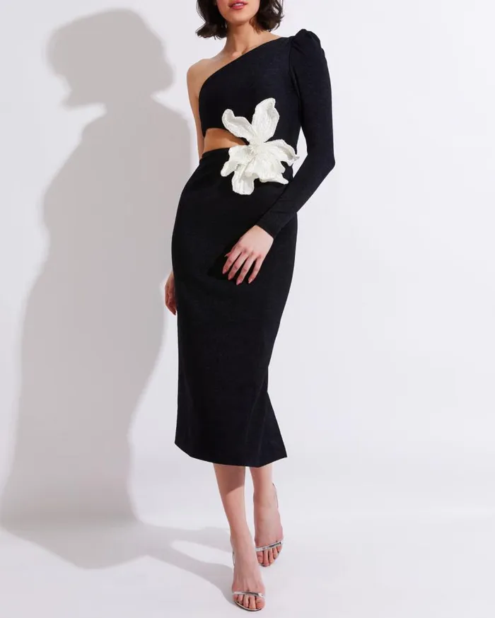 Ready To Wear ONE SHOULDER MAXI DRESS WITH FLOWER APPLIQUE PatBO Dresses and Jumpsuits
