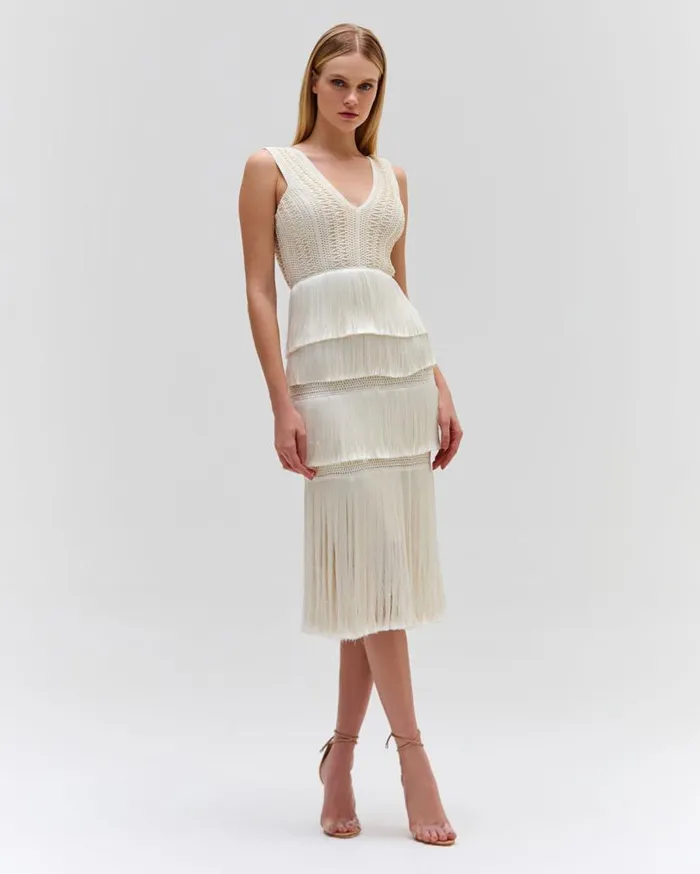 Ready To Wear Plunging Fringe Midi Dress PatBO Dresses and Jumpsuits