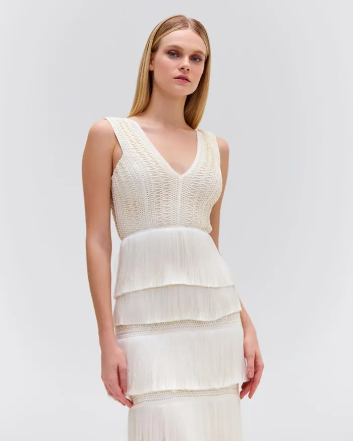 Ready To Wear Plunging Fringe Midi Dress PatBO Dresses and Jumpsuits