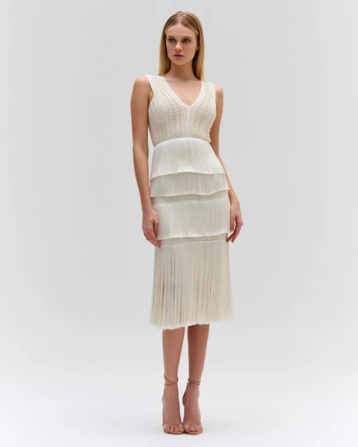 Ready To Wear Plunging Fringe Midi Dress PatBO Dresses and Jumpsuits