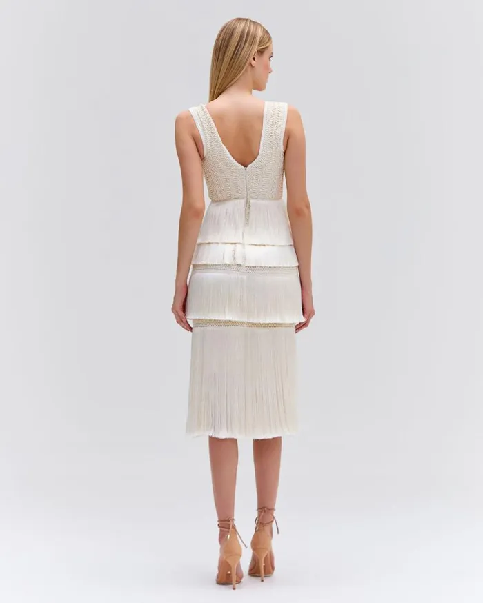 Ready To Wear Plunging Fringe Midi Dress PatBO Dresses and Jumpsuits