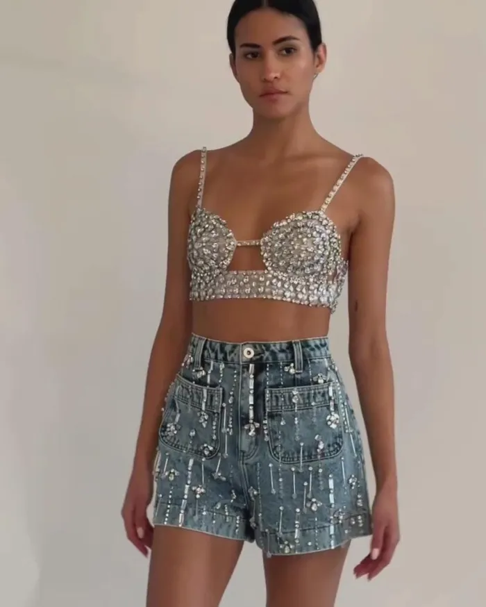 Ready To Wear Rhinestone Beaded Shorts PatBO Bottoms