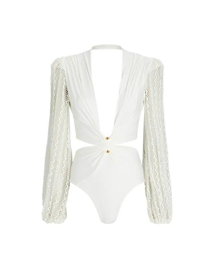 Ready To WearSwim Plunge Netted Sleeve Swimsuit EXCLUSIVE PatBO Tops and Bodysuits