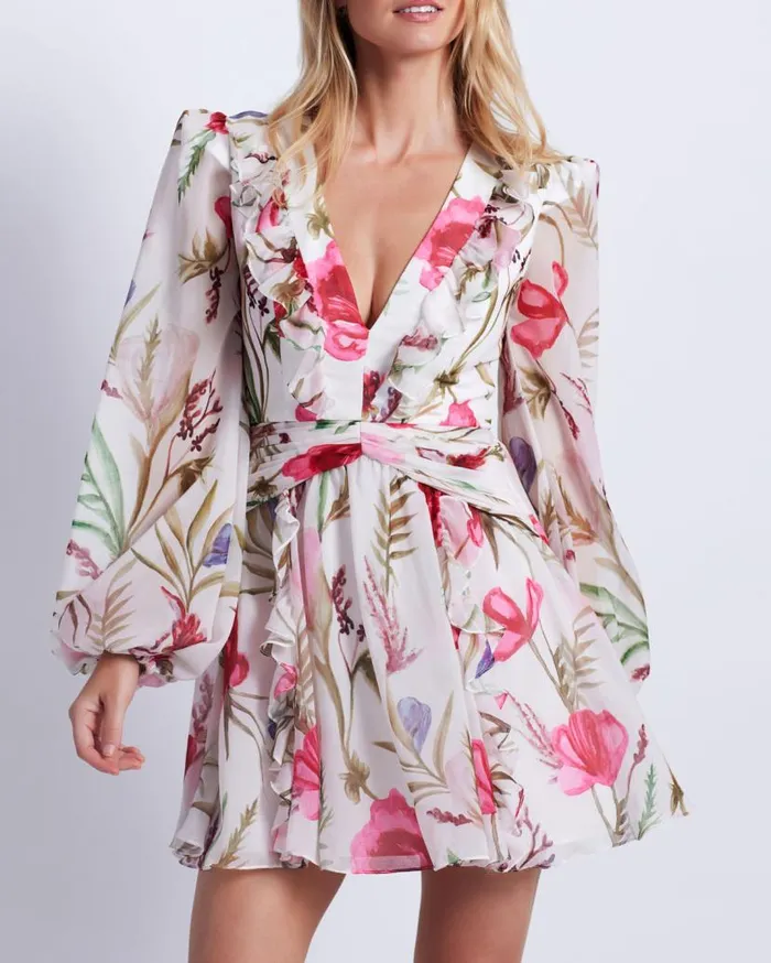 Ready To Wear Viera VNeck Mini Dress PatBO Dresses and Jumpsuits
