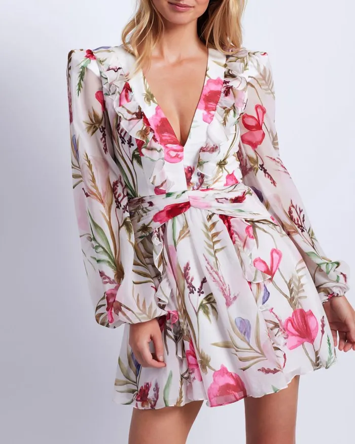 Ready To Wear Viera VNeck Mini Dress PatBO Dresses and Jumpsuits