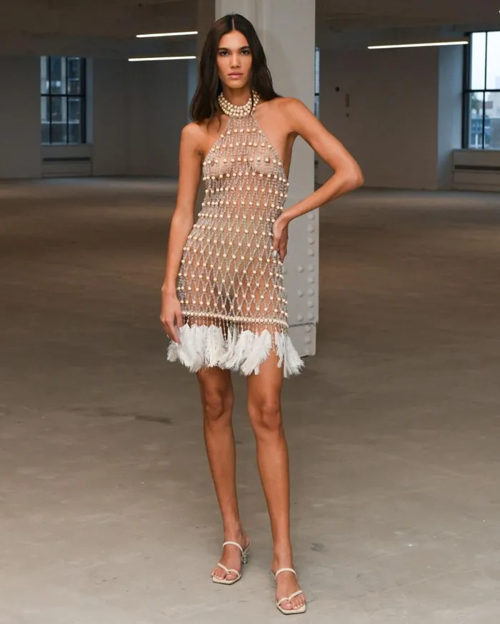 Ready To Wear Wood And Crystal Beaded High Neck Mini Dress RUNWAY PatBO Dresses and Jumpsuits
