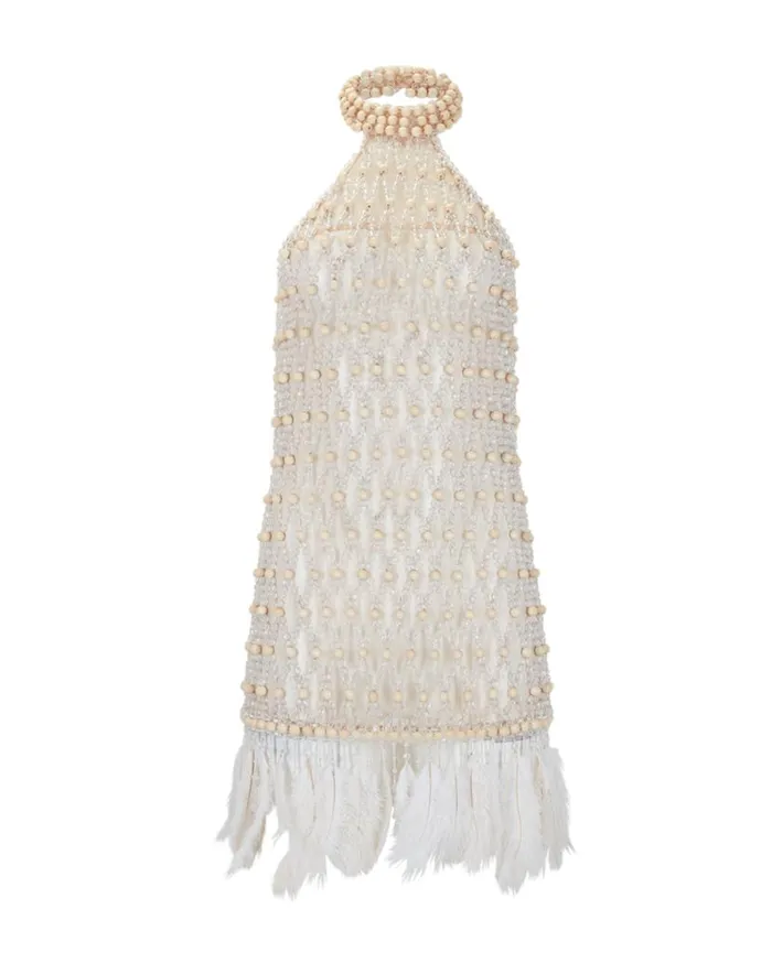 Ready To Wear Wood And Crystal Beaded High Neck Mini Dress RUNWAY PatBO Dresses and Jumpsuits