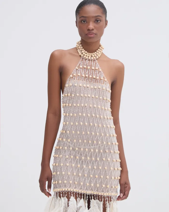 Ready To Wear Wood And Crystal Beaded High Neck Mini Dress RUNWAY PatBO Dresses and Jumpsuits