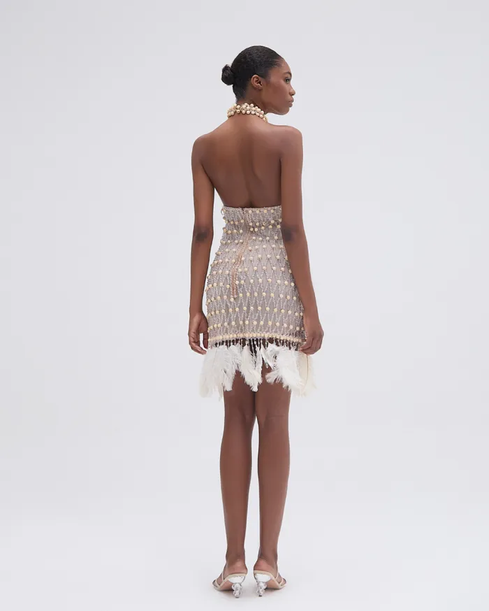 Ready To Wear Wood And Crystal Beaded High Neck Mini Dress RUNWAY PatBO Dresses and Jumpsuits