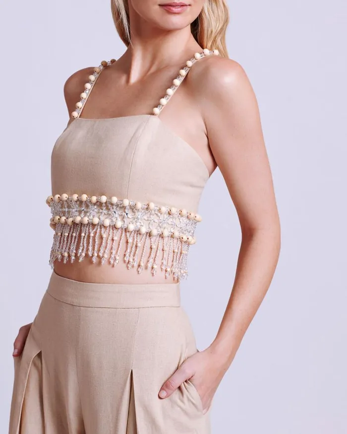 Ready To Wear Wood And Crystal Beaded Linen Top PatBO Tops and Bodysuits