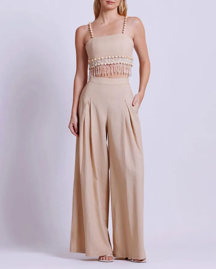 Ready To Wear Wood And Crystal Beaded Linen Top PatBO Tops and Bodysuits