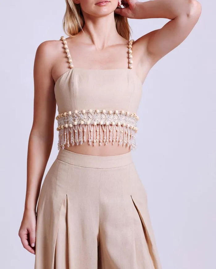 Ready To Wear Wood And Crystal Beaded Linen Top PatBO Tops and Bodysuits