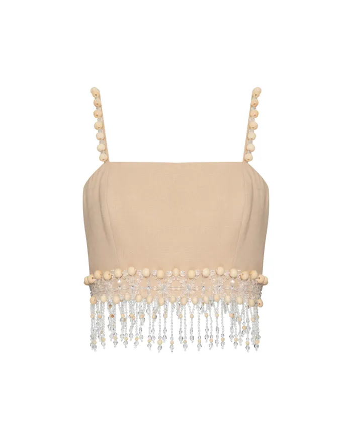 Ready To Wear Wood And Crystal Beaded Linen Top PatBO Tops and Bodysuits