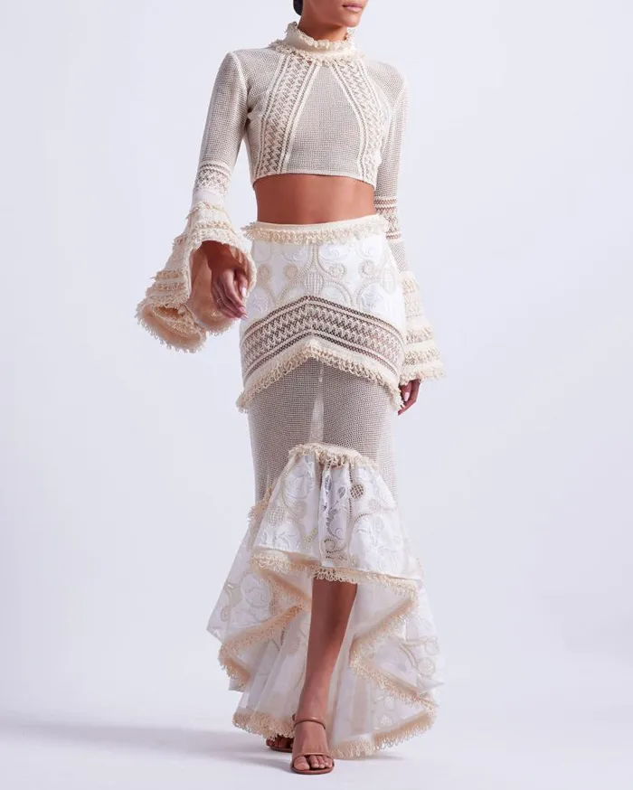 Ready To Wear Woven Bell Sleeve Cropped Top PatBO Tops and Bodysuits