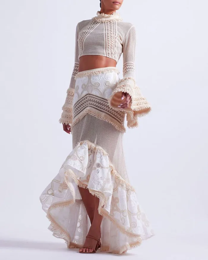 Ready To Wear Woven Bell Sleeve Cropped Top PatBO Tops and Bodysuits