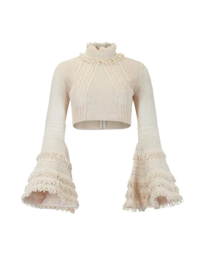 Ready To Wear Woven Bell Sleeve Cropped Top PatBO Tops and Bodysuits