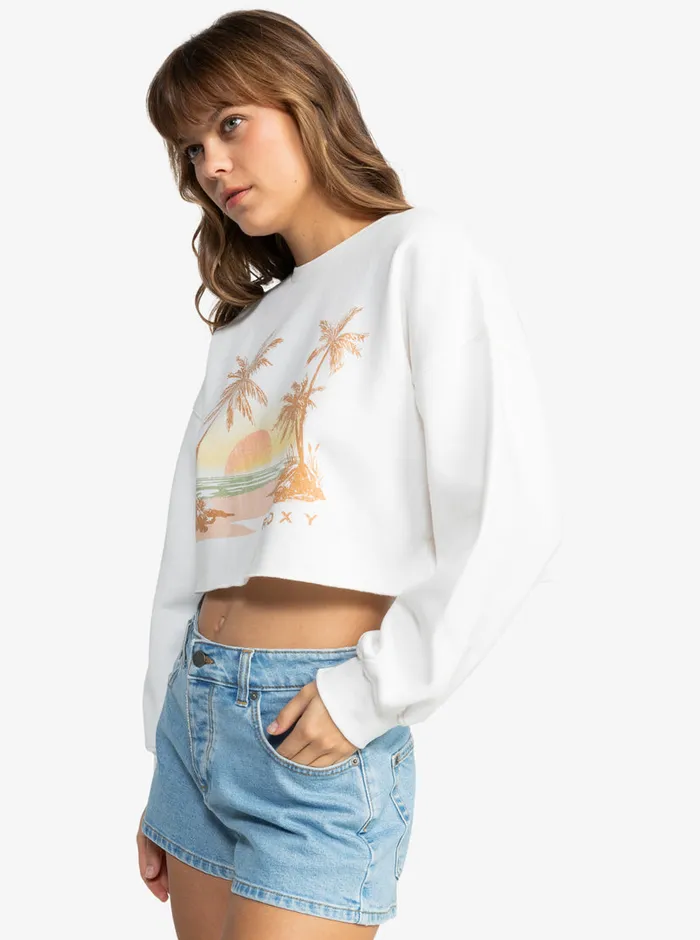 Roxy Bikini Tops Sunset Beach Morning Hike Crop Sweatshirt Snow White 8211 Womens