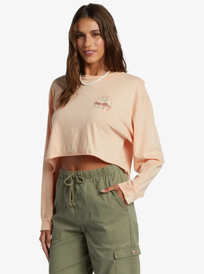 Roxy Fleece and Hoodies Palm Arcana Cropped Oversized Long Sleeve TShirt Salmon 8211 Womens