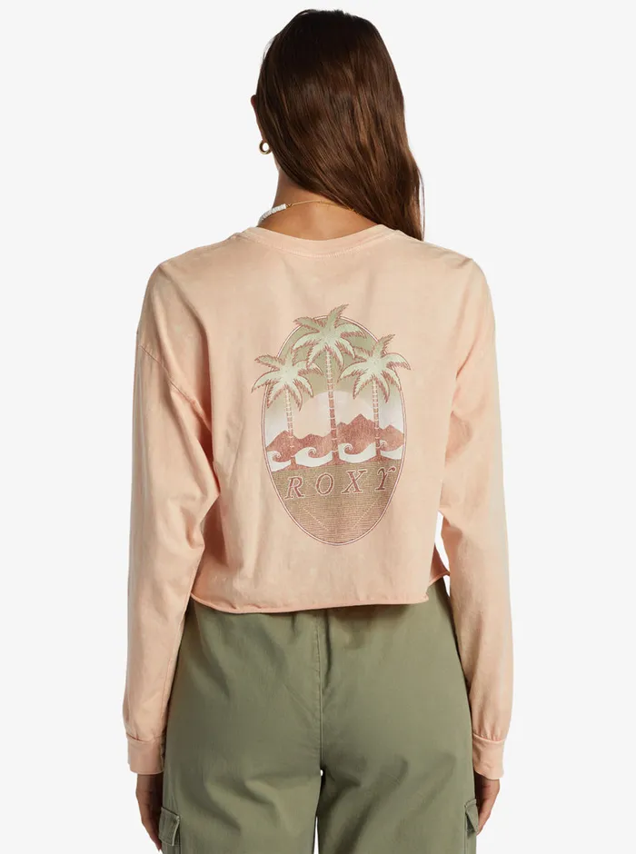 Roxy Fleece and Hoodies Palm Arcana Cropped Oversized Long Sleeve TShirt Salmon 8211 Womens