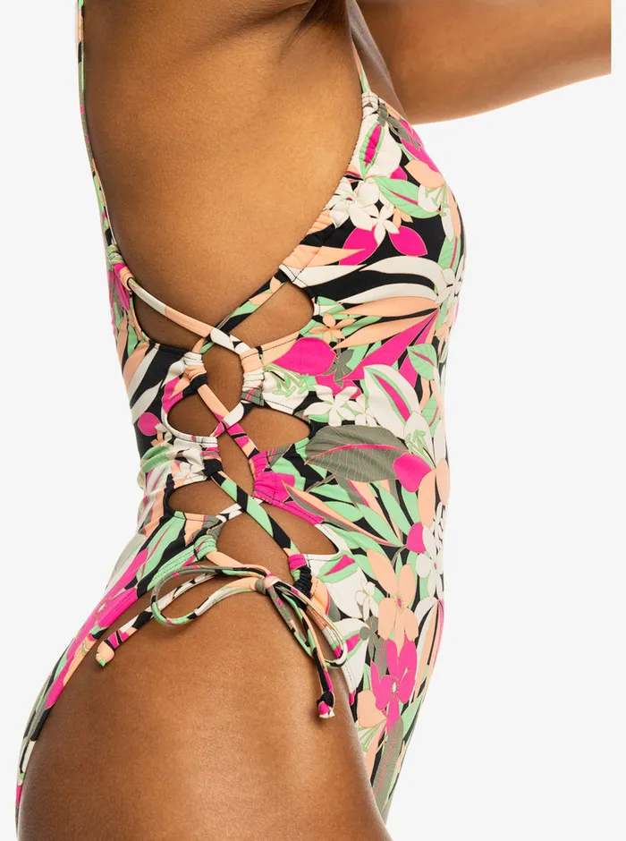 Roxy One Pieces Printed Beach Classics Lace Up OnePiece Swimsuit Anthracite Palm Song S 8211 Womens