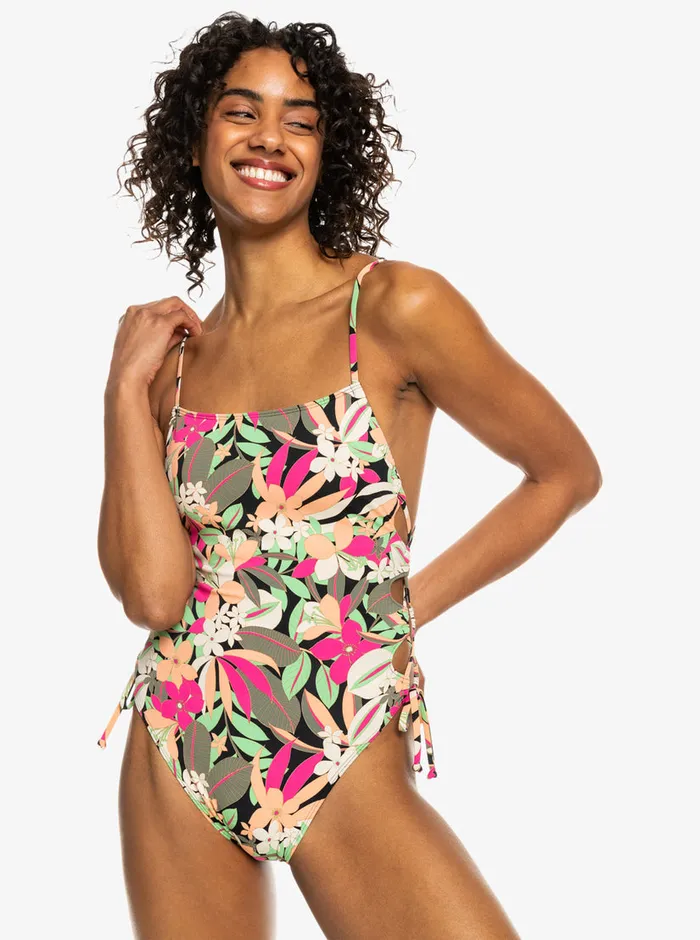 Roxy One Pieces Printed Beach Classics Lace Up OnePiece Swimsuit Anthracite Palm Song S 8211 Womens