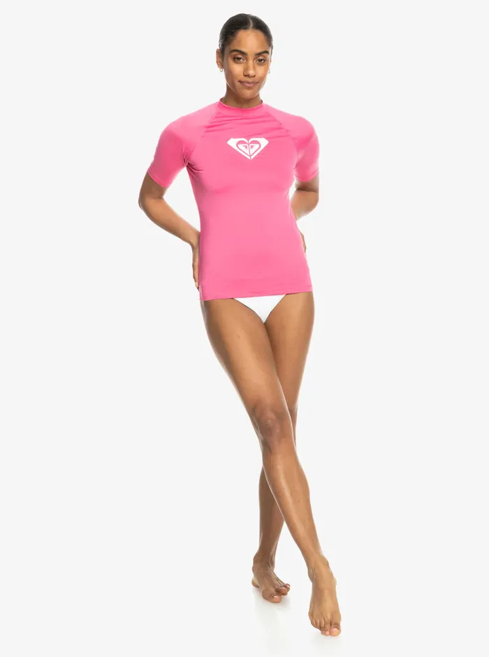 Roxy Rashguards Whole Hearted Short Sleeve UPF 50 Rashguard Shocking Pink 8211 Womens