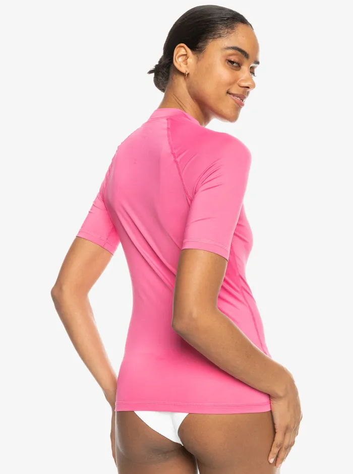 Roxy Rashguards Whole Hearted Short Sleeve UPF 50 Rashguard Shocking Pink 8211 Womens