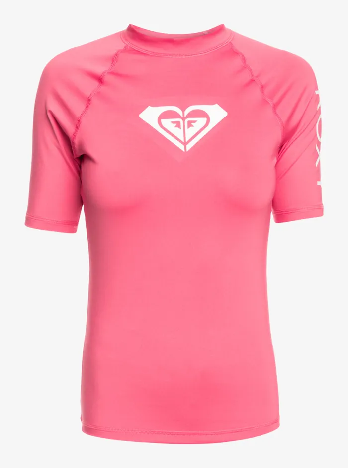 Roxy Rashguards Whole Hearted Short Sleeve UPF 50 Rashguard Shocking Pink 8211 Womens