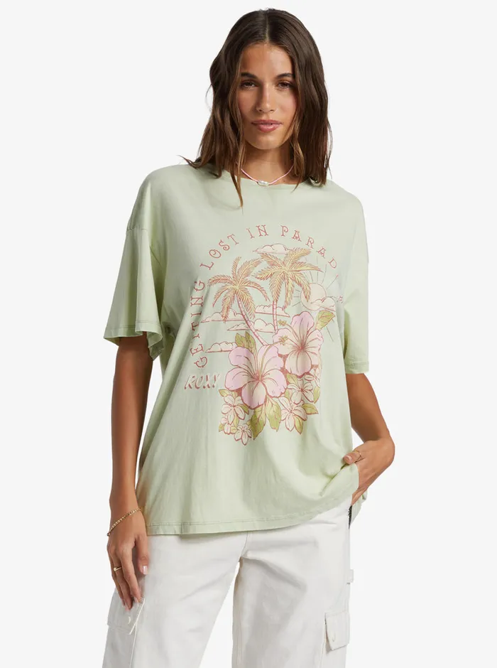 Roxy Tees and Tanks Hibiscus Paradise Oversized Boyfriend TShirt Laurel Green 8211 Womens