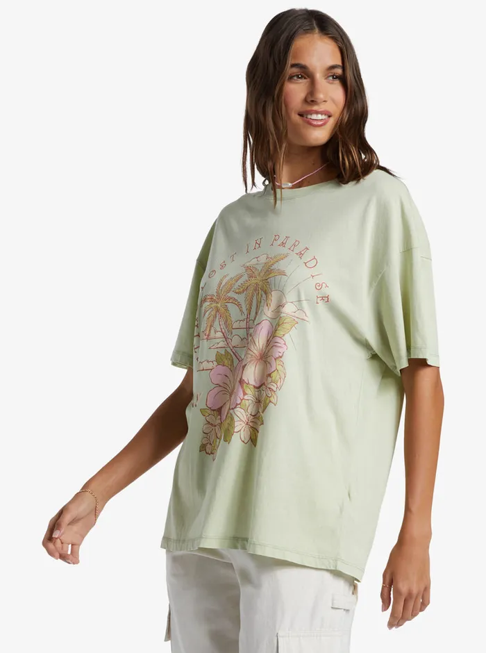 Roxy Tees and Tanks Hibiscus Paradise Oversized Boyfriend TShirt Laurel Green 8211 Womens