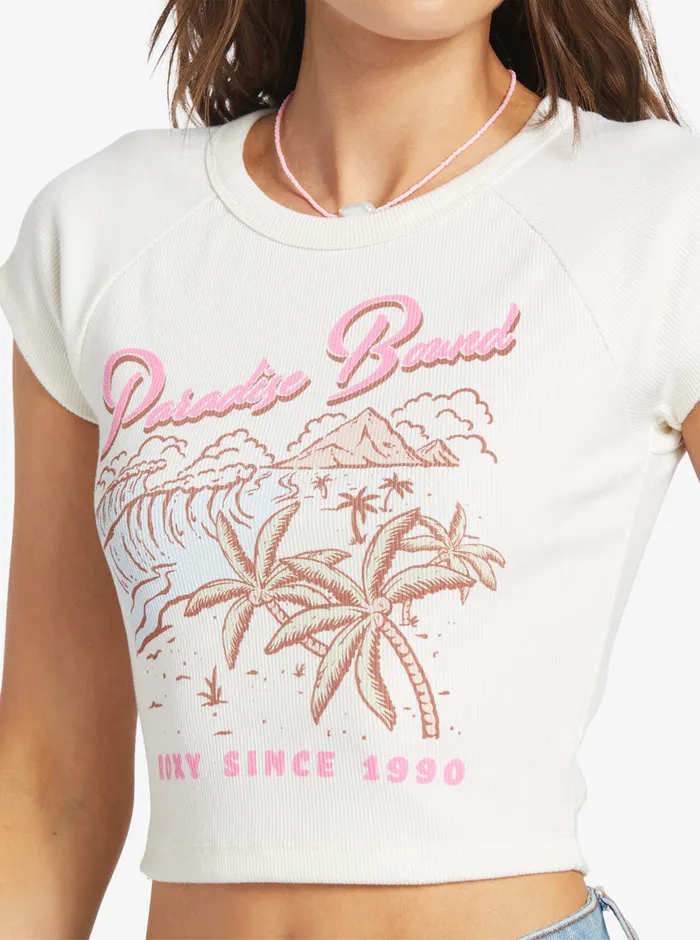 Roxy Tees and Tanks Paradise Bound Crop Ribbed TShirt Egret 8211 Womens