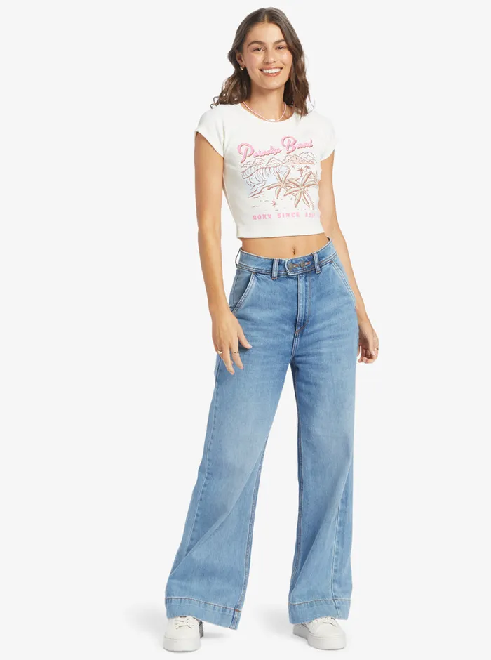 Roxy Tees and Tanks Paradise Bound Crop Ribbed TShirt Egret 8211 Womens