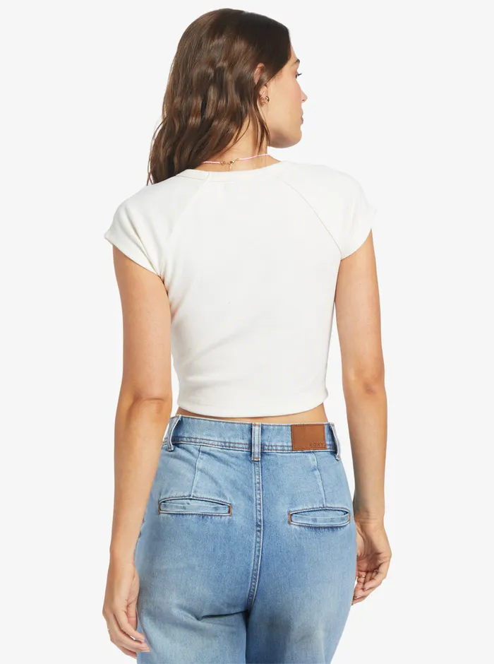 Roxy Tees and Tanks Paradise Bound Crop Ribbed TShirt Egret 8211 Womens