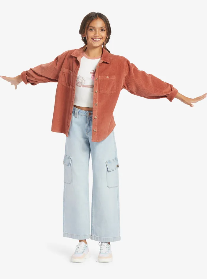 Roxy Tops 416 Something Beautiful Solid Oversized Corduroy Shirt Cedar Wood 8211 Girls