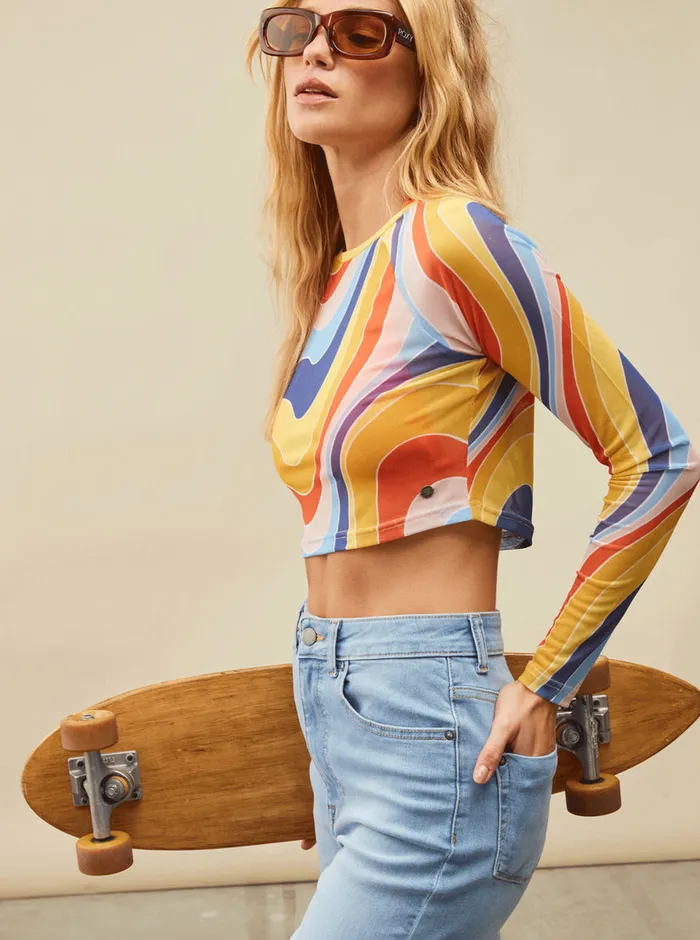 Roxy Tops Just A Friend Logn Sleeve Mesh Crop Top Tiger Lily Cruz 8211 Womens