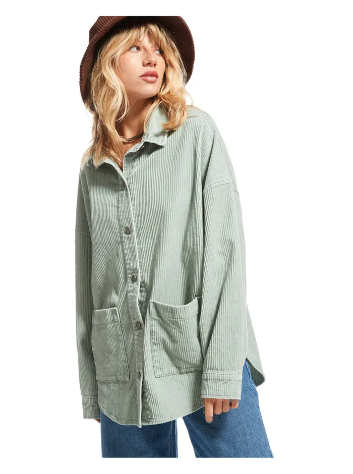 Roxy Tops Kick Back Washed Corduroy Long Sleeve Overshirt Blue Surf 8211 Womens