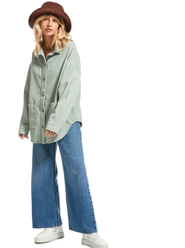 Roxy Tops Kick Back Washed Corduroy Long Sleeve Overshirt Blue Surf 8211 Womens