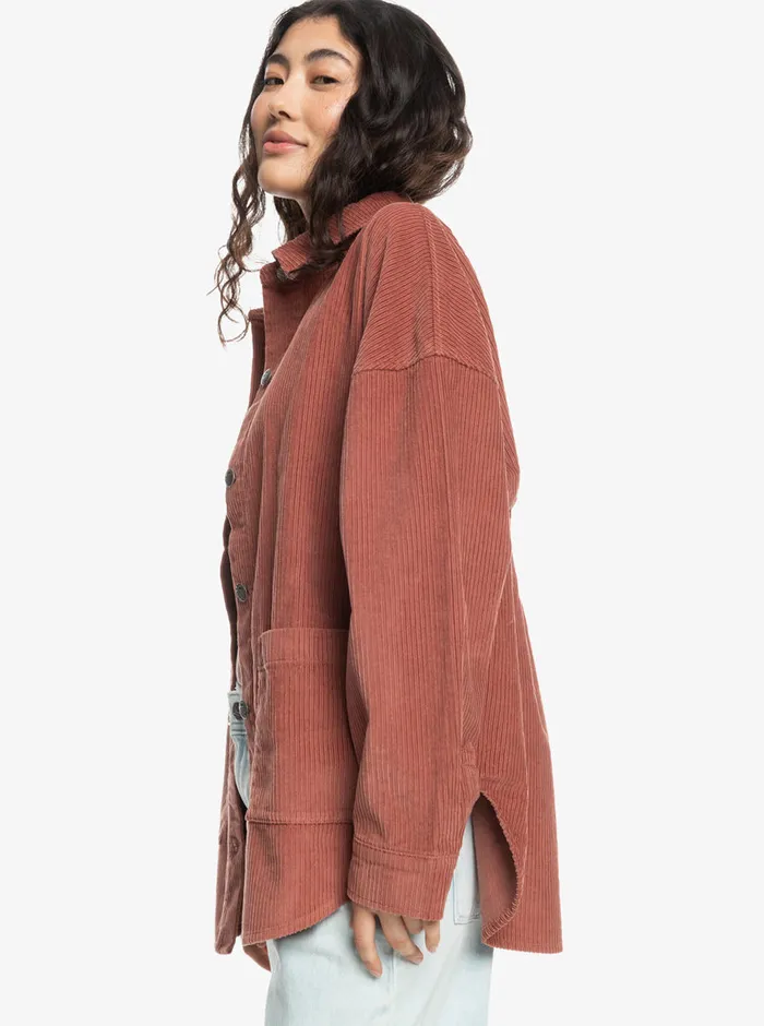 Roxy Tops Kick Back Washed Corduroy Long Sleeve Overshirt Cedar Wood 8211 Womens