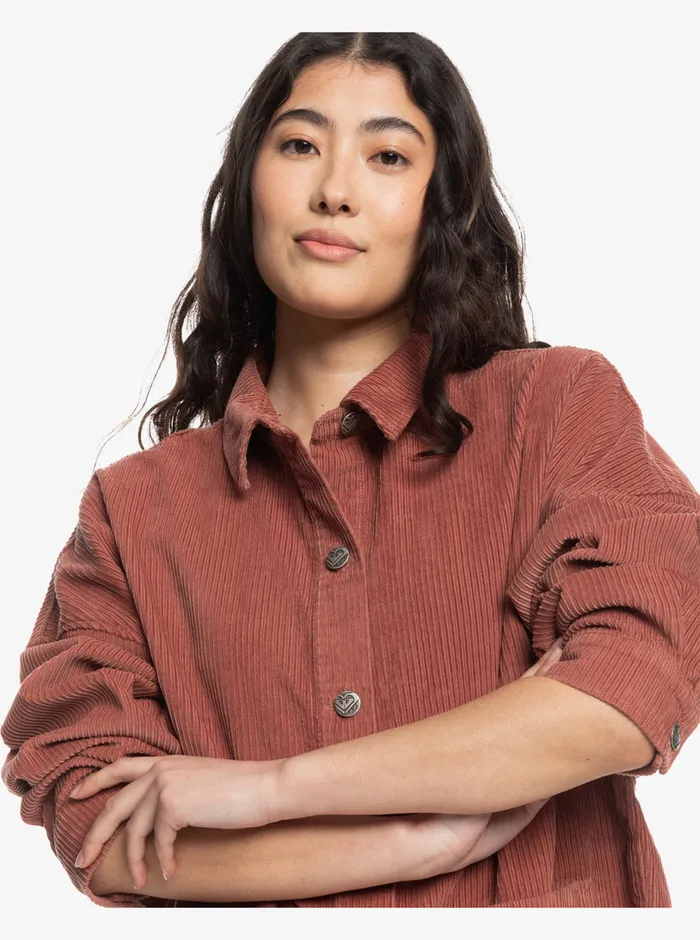 Roxy Tops Kick Back Washed Corduroy Long Sleeve Overshirt Cedar Wood 8211 Womens