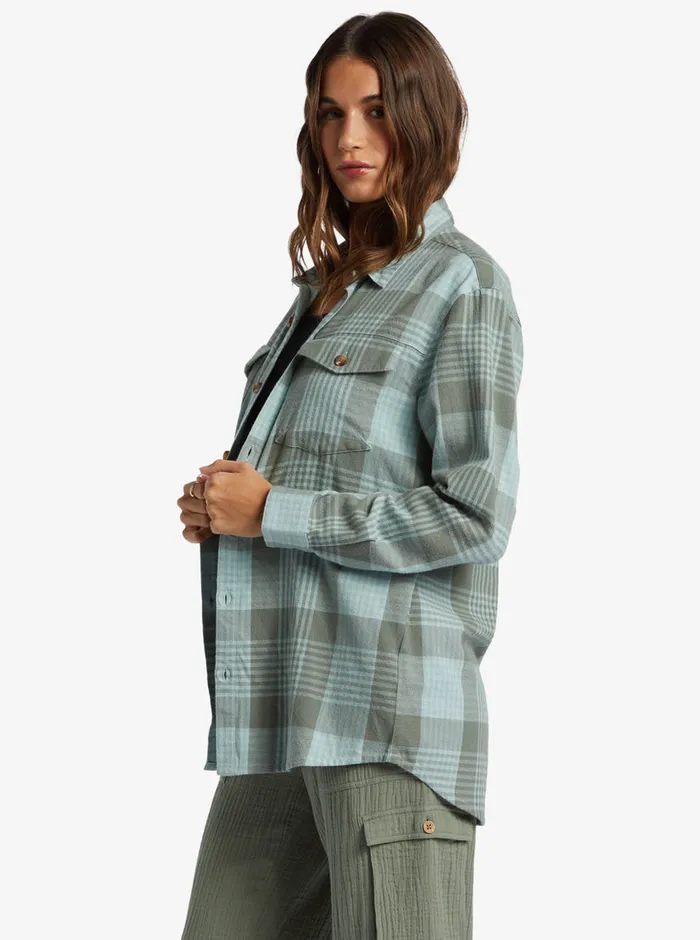 Roxy Tops Let It Go Flannel Long Sleeve Shirt Blue Surf Hallo Plaid 8211 Womens