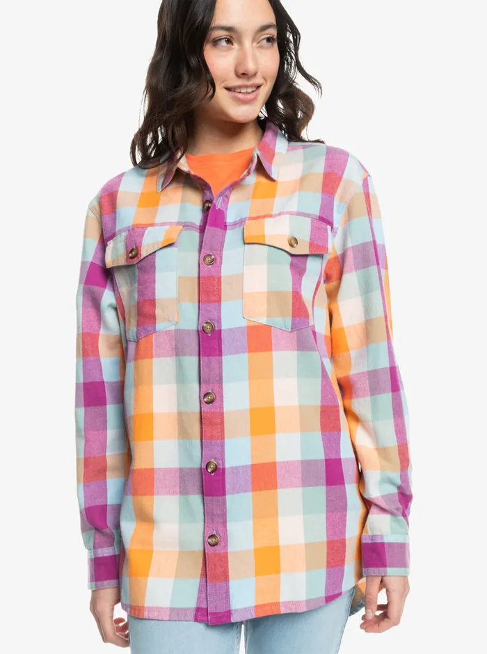 Roxy Tops Let It Go Flannel Long Sleeve Shirt Blue Surf Plaidodo 8211 Womens