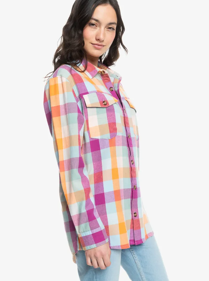 Roxy Tops Let It Go Flannel Long Sleeve Shirt Blue Surf Plaidodo 8211 Womens