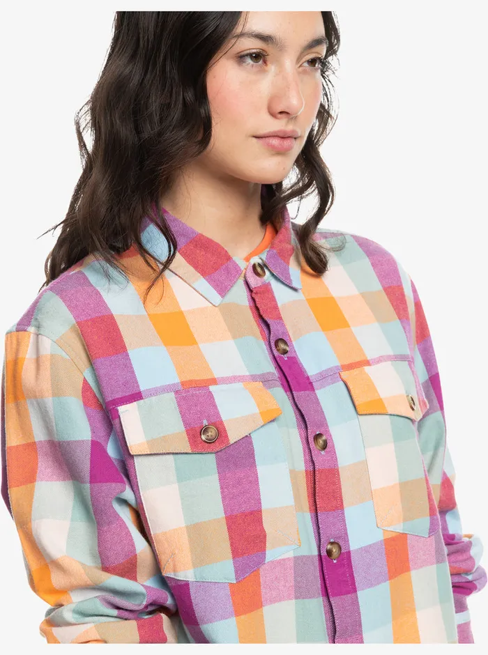 Roxy Tops Let It Go Flannel Long Sleeve Shirt Blue Surf Plaidodo 8211 Womens
