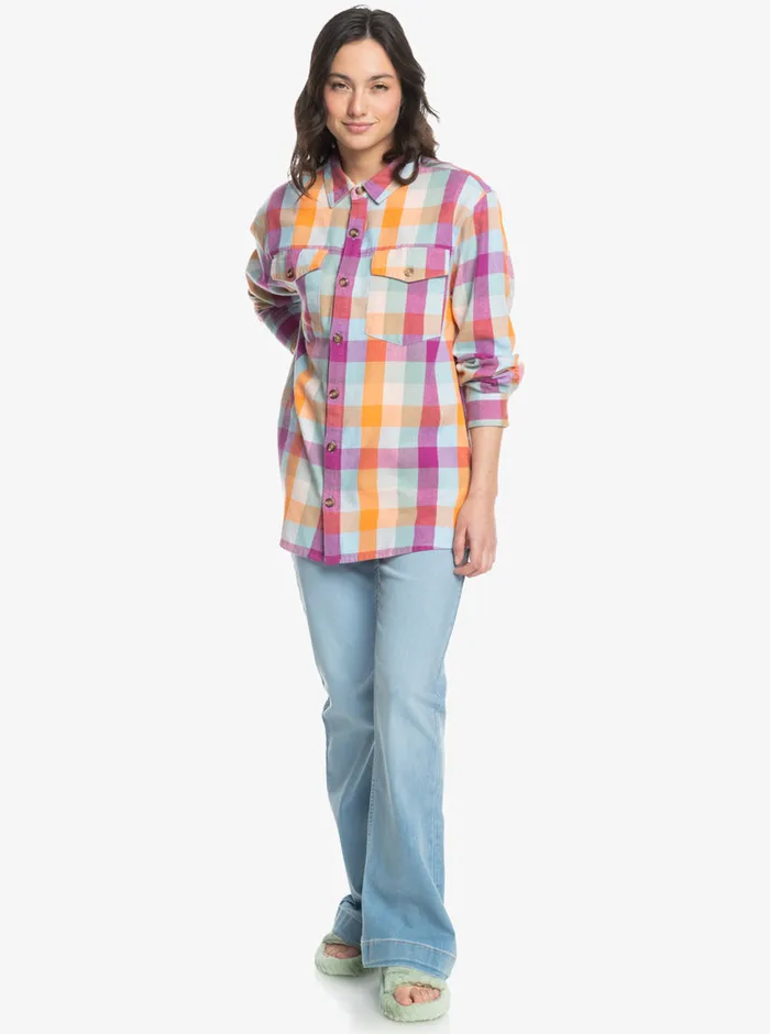 Roxy Tops Let It Go Flannel Long Sleeve Shirt Blue Surf Plaidodo 8211 Womens