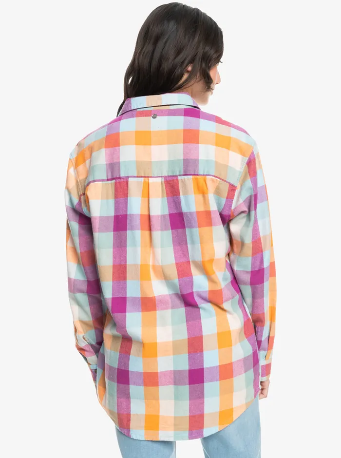 Roxy Tops Let It Go Flannel Long Sleeve Shirt Blue Surf Plaidodo 8211 Womens