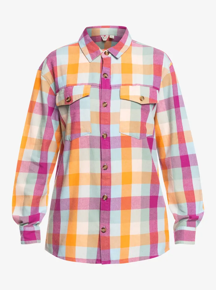 Roxy Tops Let It Go Flannel Long Sleeve Shirt Blue Surf Plaidodo 8211 Womens