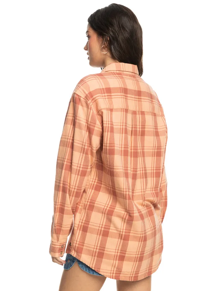 Roxy Tops Let It Go Flannel Long Sleeve Shirt Cedar Wood Swell Check 8211 Womens